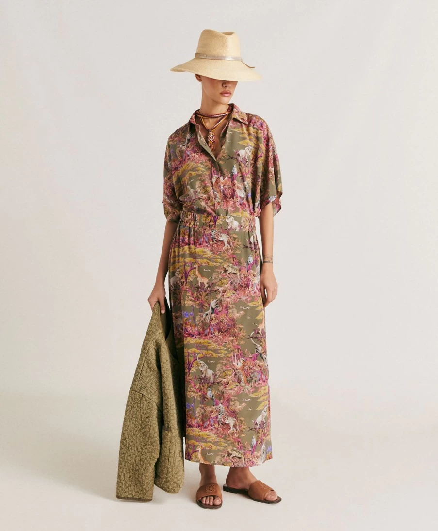 Momoni Women's Olla Skirt - Olive Green Multicolor Crepe de Chine Midi Skirt