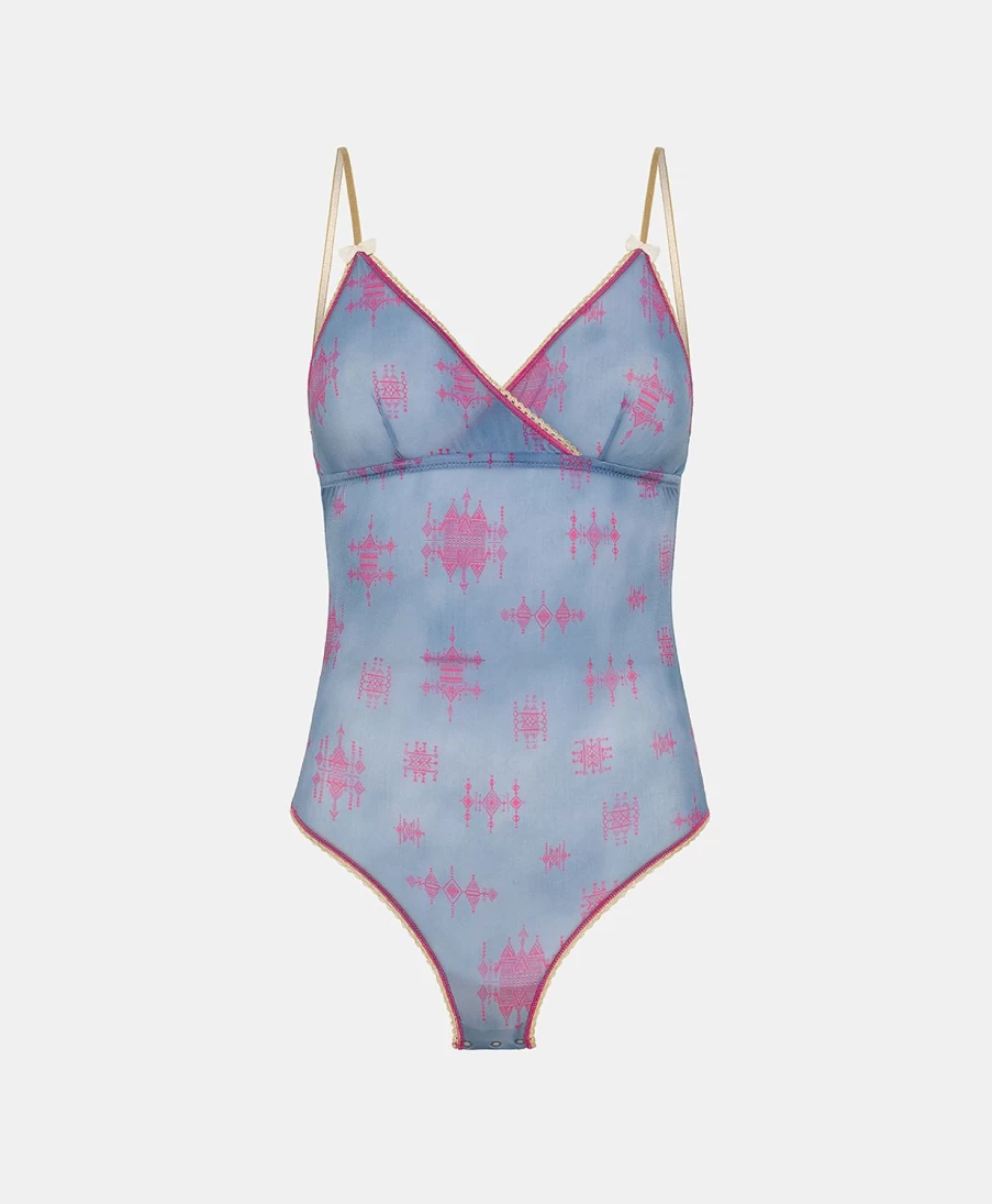 Momoni Women's Tore Body Printed Nylon Lingerie in Cornflower Blue & Fuchsia