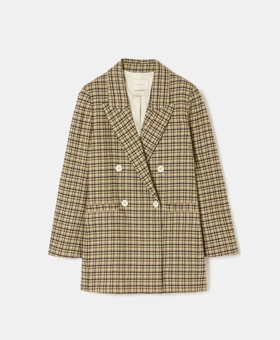 Momoni Women's Brugo Check Wool Gabardine Jacket in Beige, Brown & Yellow