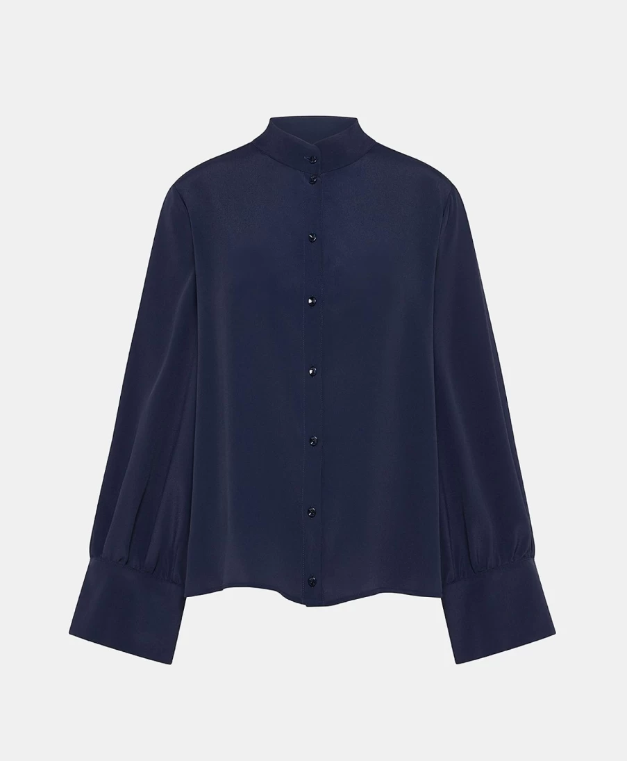 Momoni Women's Dark Blue Acetate Silk Franklin Shirt - Elegant Plain Design