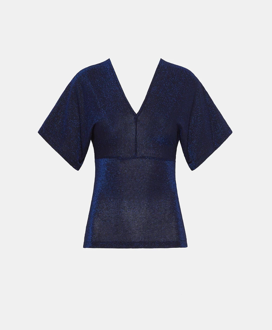 Momoni Women's Blue Lurex Jersey Milly T-Shirt - Stylish Comfort Top