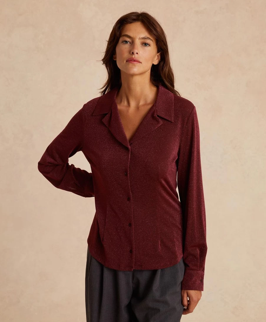 Momoni Women's Justin Lurex Jersey Shirt in Wine Red - Elegant Glamorous Top