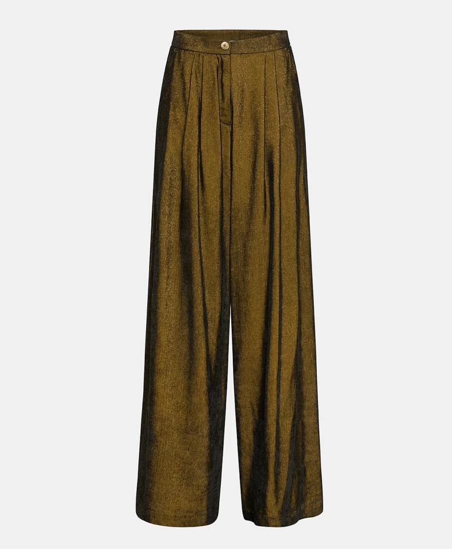 Momoni Women's Patrice Pant - Black/Gold Lurex Needlecord Fluid Fit High-Waisted Trousers