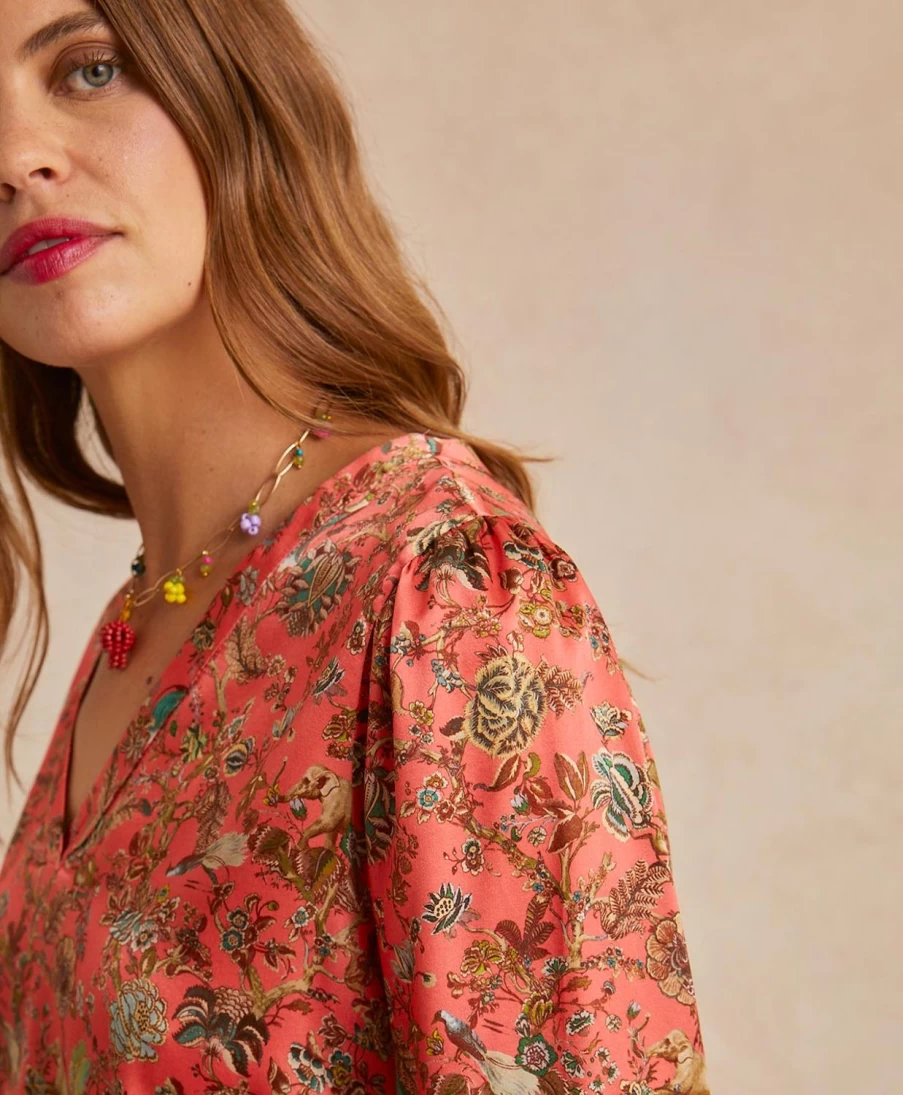 Momoni Women's Morgan Printed Stretch Satin Blouse - Pink & Camel Elegant Top