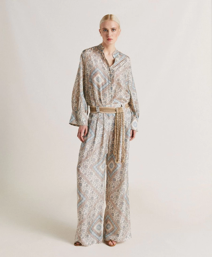 Momoni Women's Lanzarote Haboutai Silk Pants in Cream & Dusty - Elegant Luxury Trousers