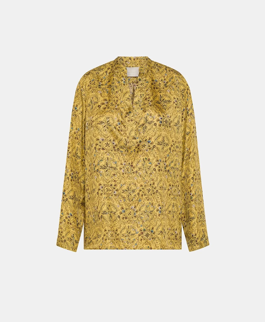 Momoni Women's Atlanta Blouse - Printed Silk Twill in Yellow & Tobacco