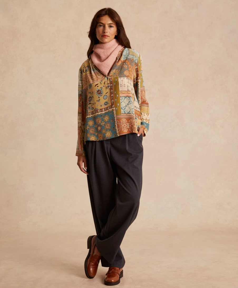 Momoni Women's Hector Blouse - Multicolor Pink Printed Crepe de Chine Top