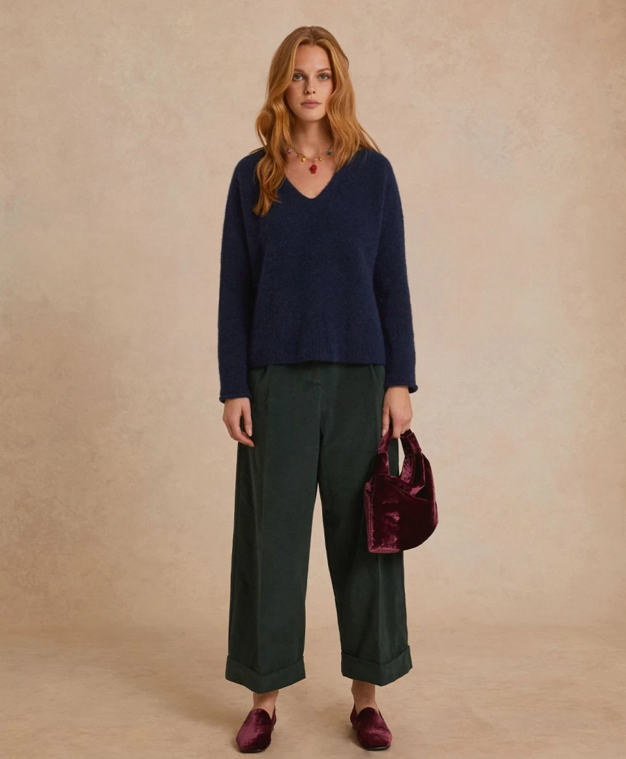 Momoni Women's Grecale Bis Stretch Corduroy Pants - Dark Green High Waist Comfort Fit