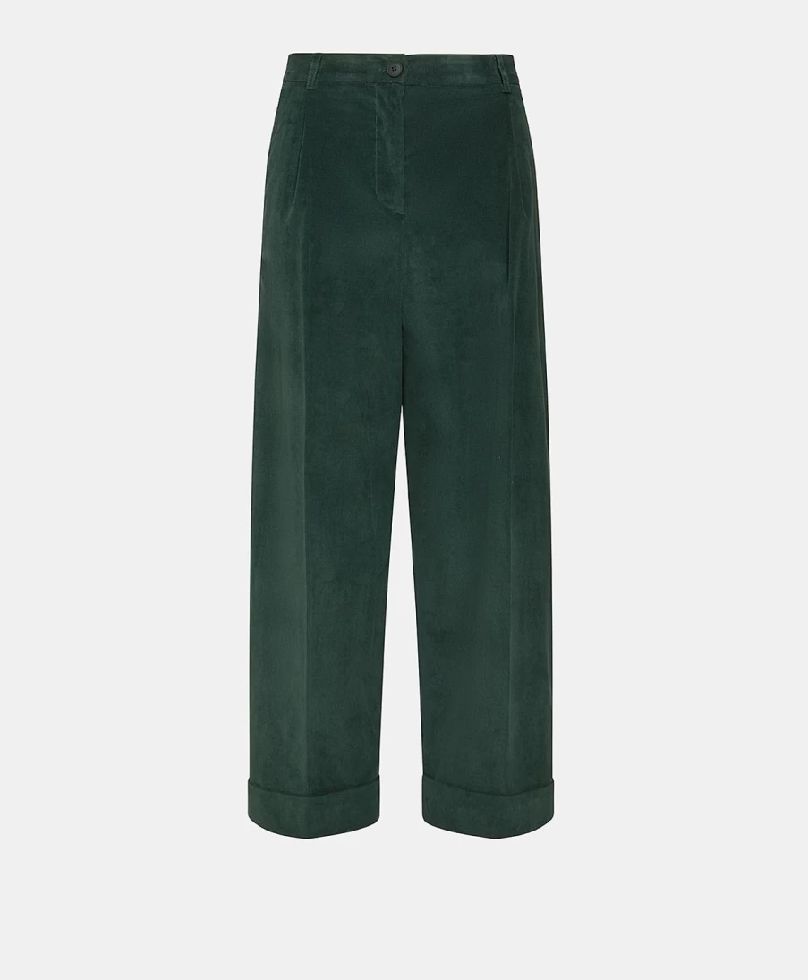 Momoni Women's Grecale Bis Stretch Corduroy Pants - Dark Green High Waist Comfort Fit