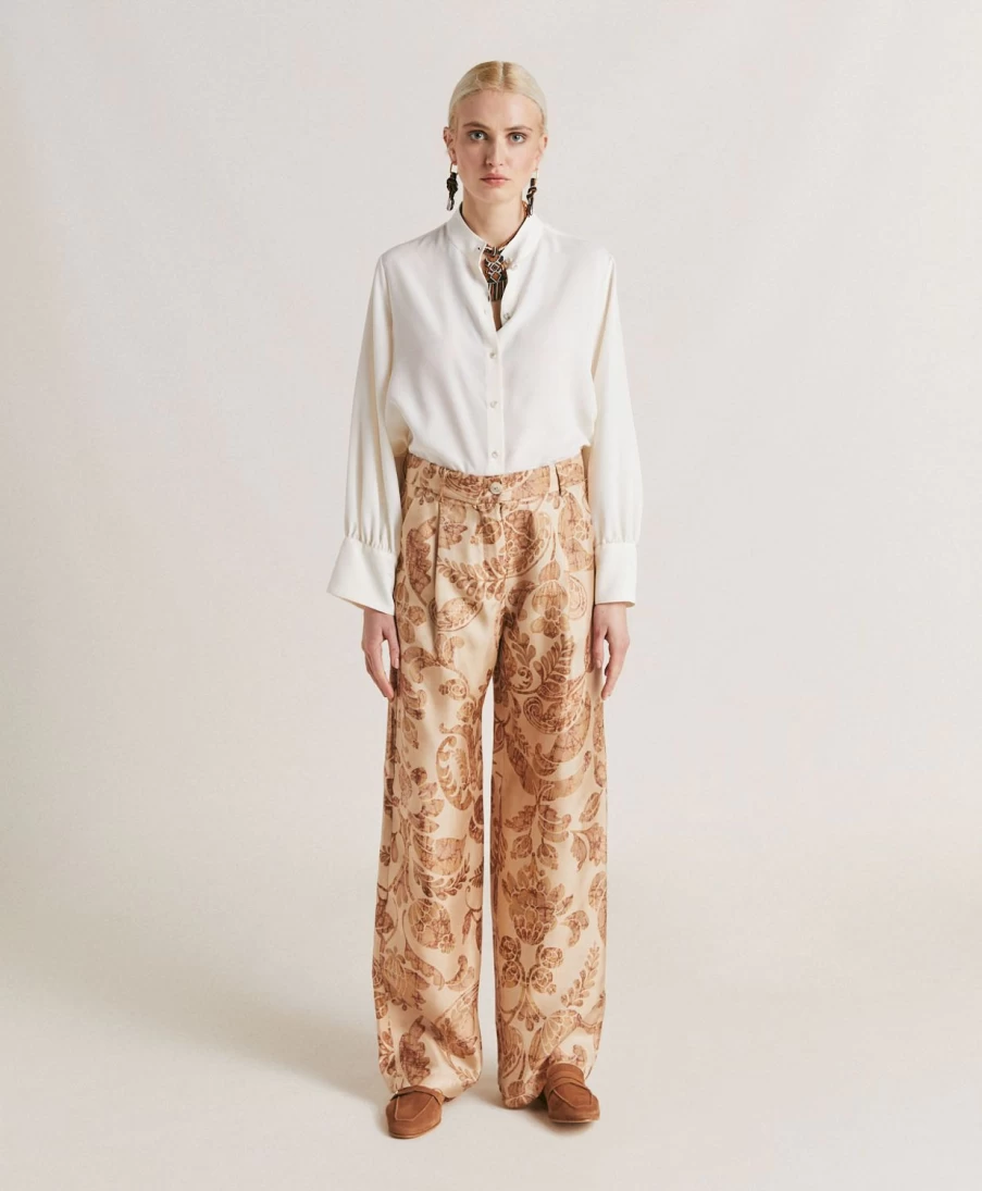 Momoni Women's Austin Pant - Silk Twill High-Waisted Trousers in Dusty Pink & Multicolour Stripes