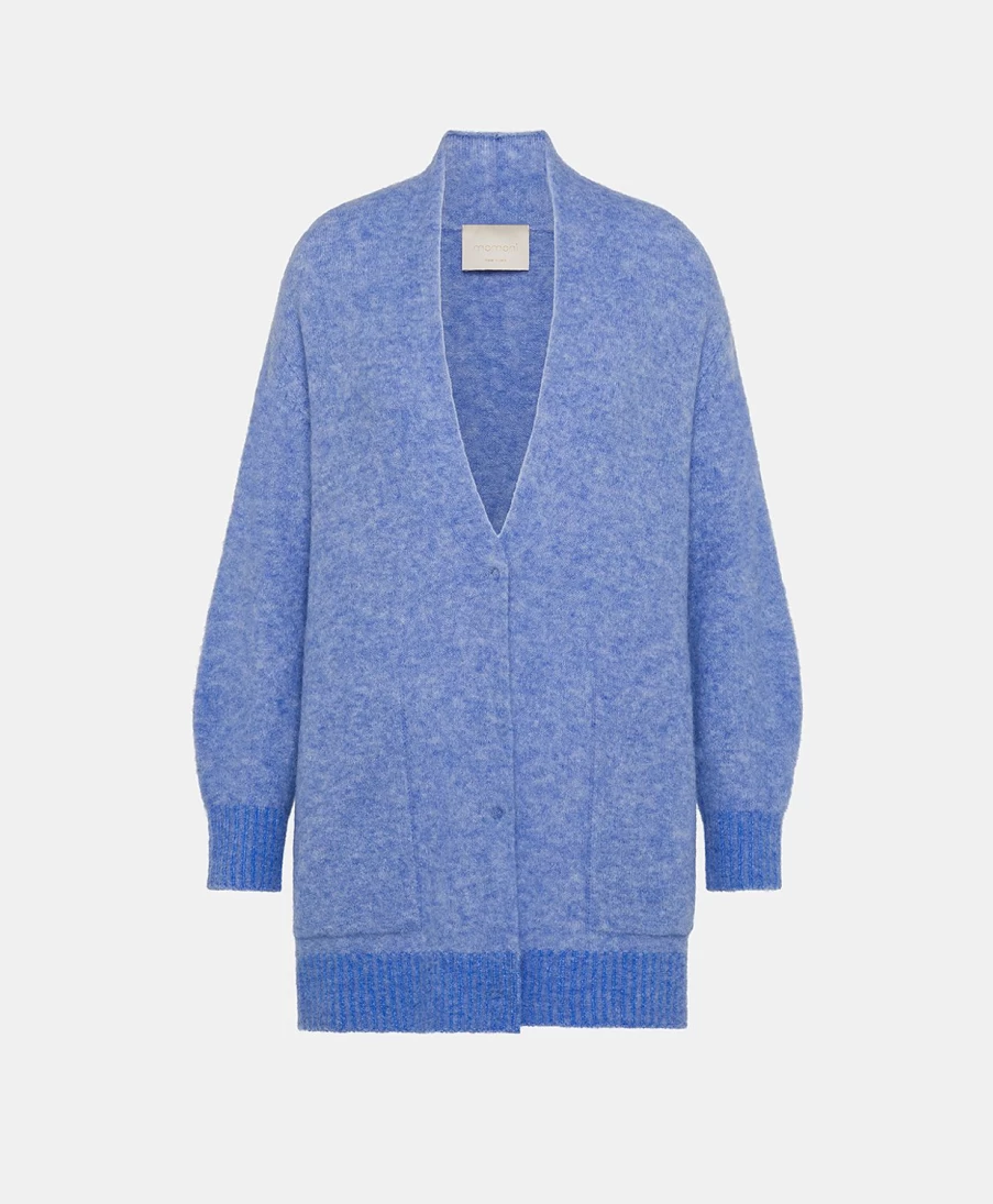 Momoni Women's Cerulean Blue Fleece-Effect Cardigan - Soft Baby Alpaca Wool Sweater
