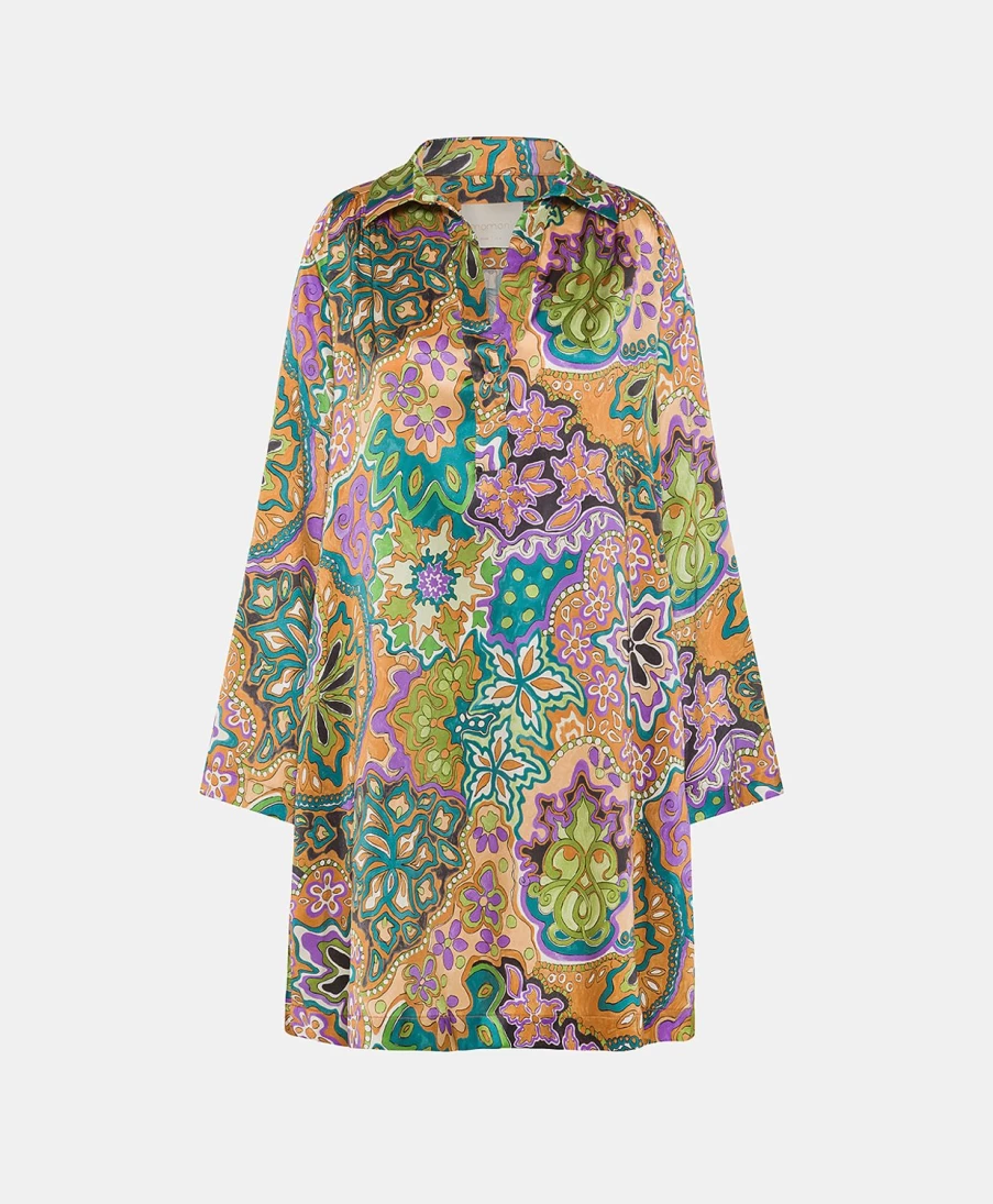 Momoni Women's Edmonde Printed Stretch Satin Dress - Lilac & Green Floral Elegant Party Gown
