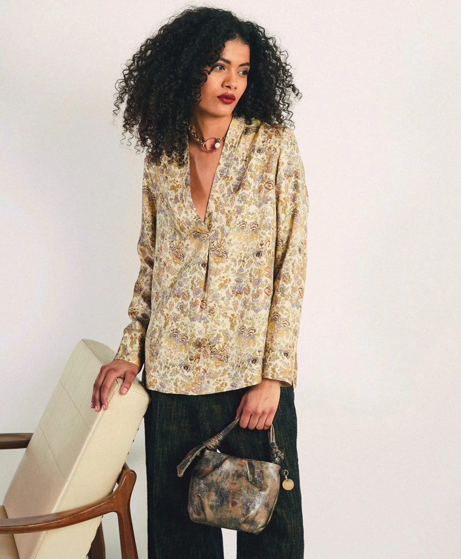 Momoni Women's Ambroise Printed Silk Twill Blouse - Cream & Lilac Floral Elegant Top