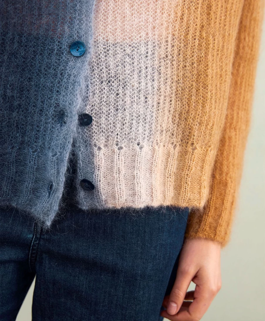 Momoni Women's Tie-Dye Blue & Camel Cardigan with Belt - Stylish Clement Knit Sweater