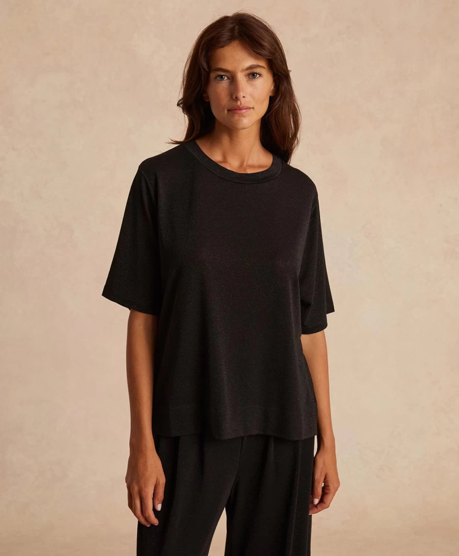 Momoni Women's Black Lurex Jersey Iora T-Shirt - Stylish Glitter Top