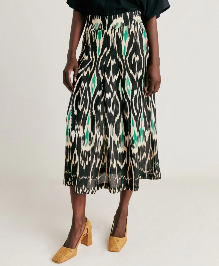 Momoni Women's Celestin Skirt - Black Multicolor Viscose Linen Blend Midi Skirt