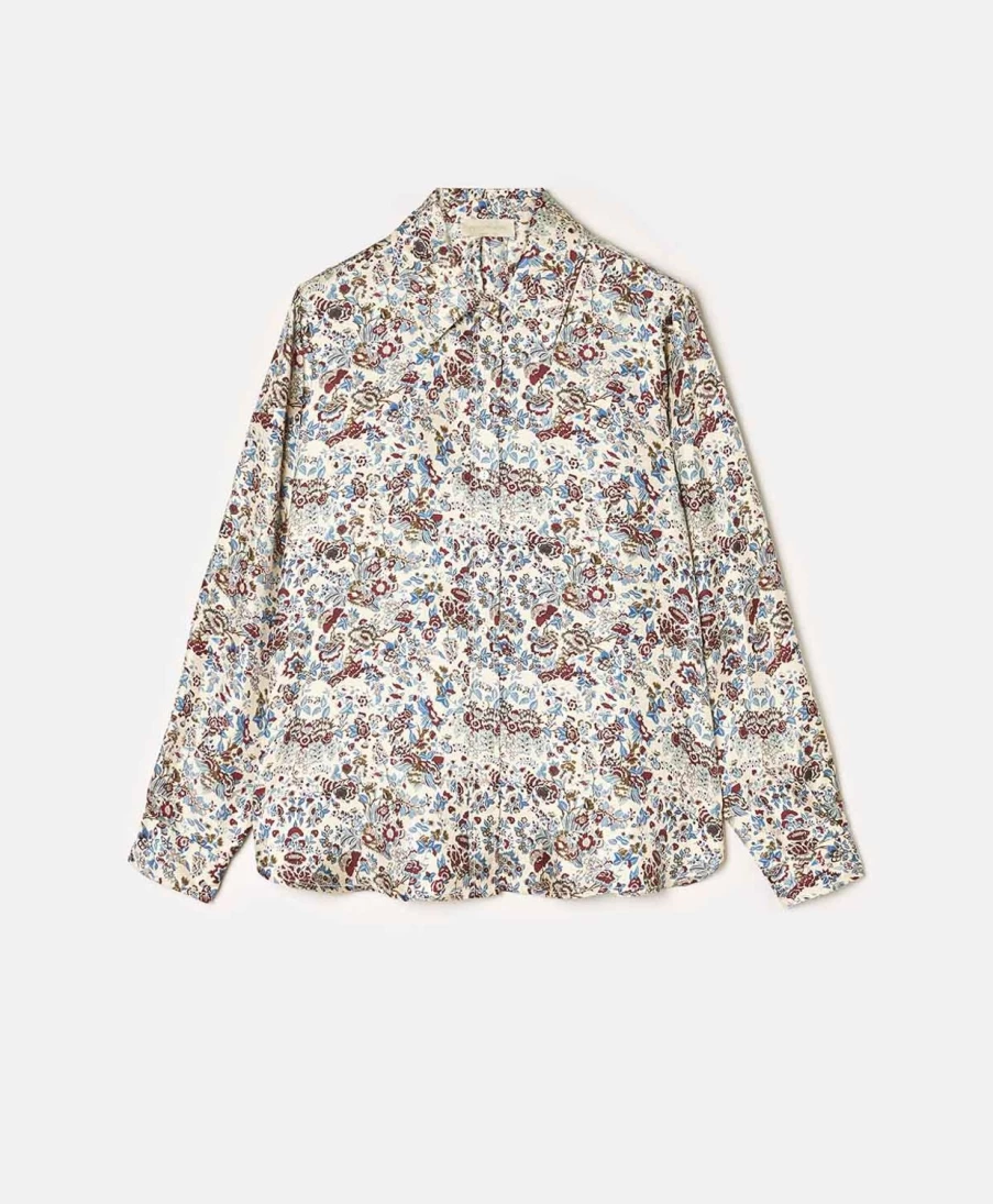 Momoni Women's Arles Printed Silk Twill Shirt - Cream & Burgundy Striped Blouse